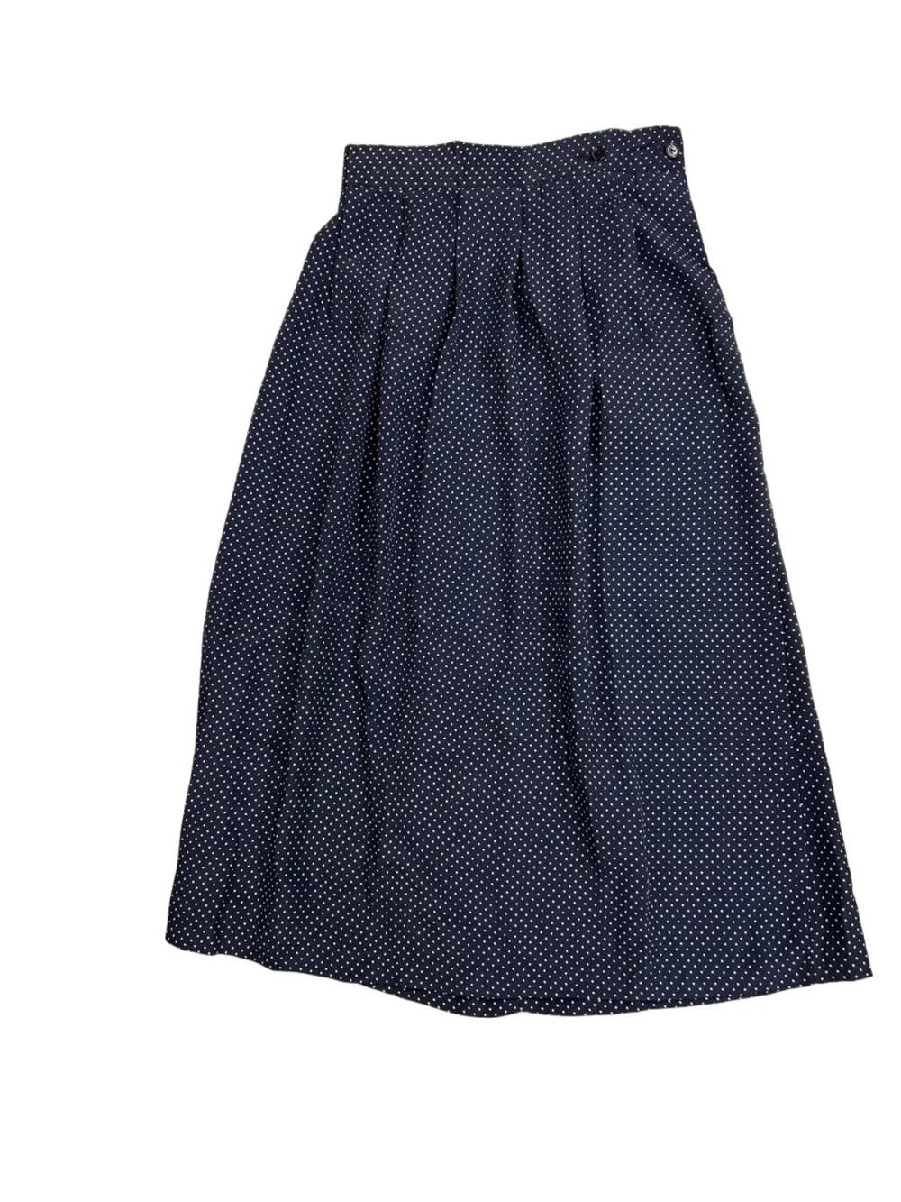 Navy Blue Vintage Polka Dot Midi Skirt Pleated A-Line Size 14 (XS/S Actual Size)